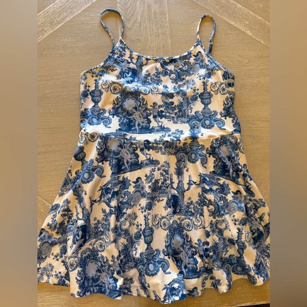 Mini dress romper with shorts blue and white chinoiserie print